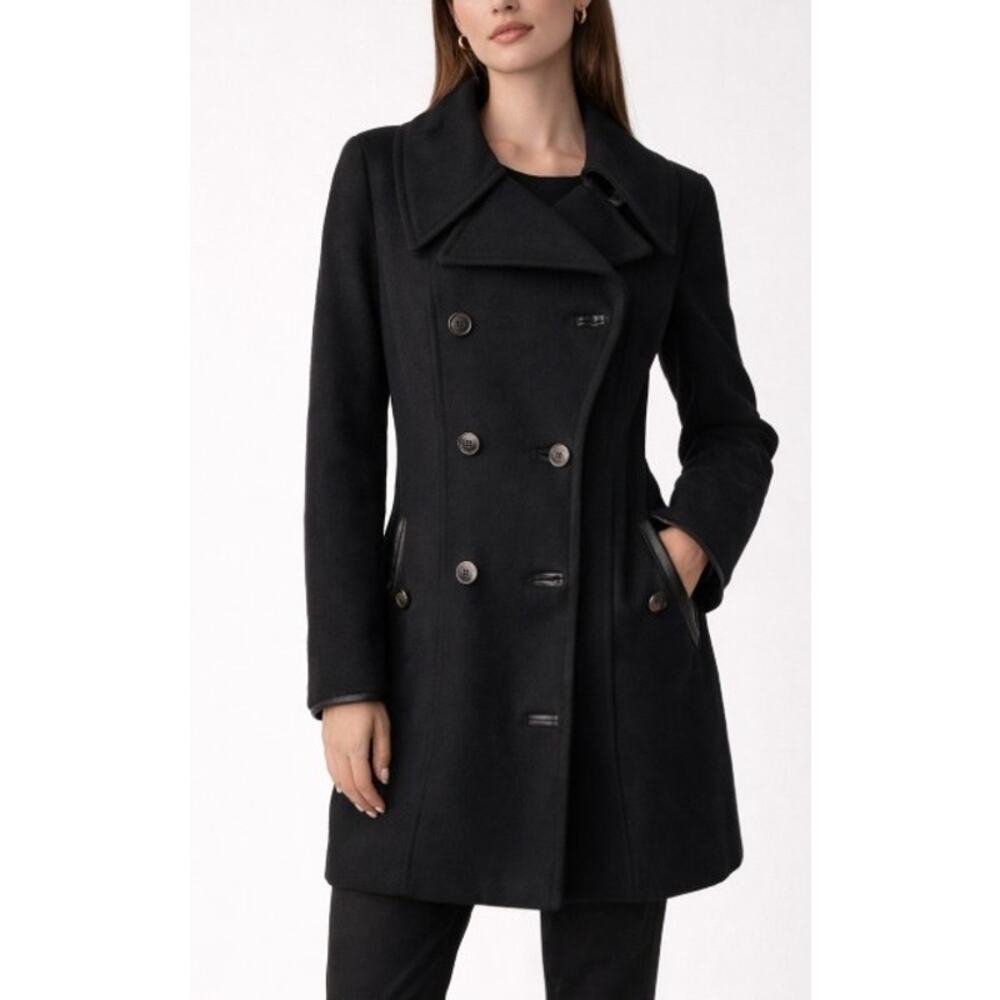 7 for All Mankind Black Wool Leather Trim Double Breasted Peacoat Women